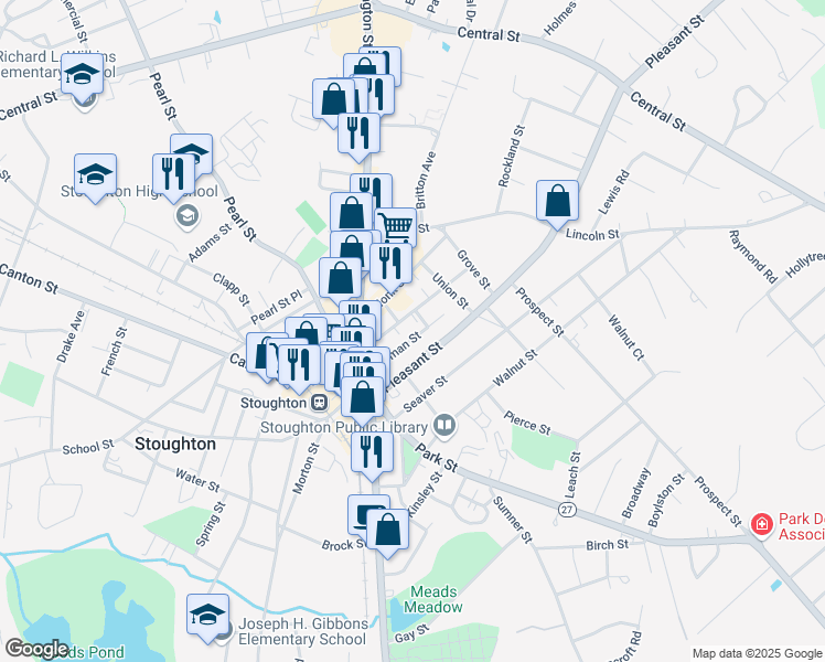 map of restaurants, bars, coffee shops, grocery stores, and more near 66 Freeman Street in Stoughton