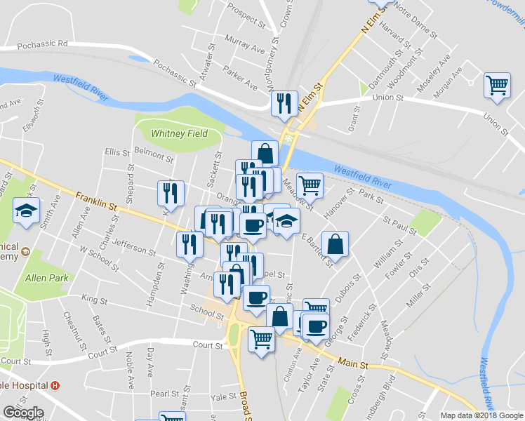 map of restaurants, bars, coffee shops, grocery stores, and more near 271 Elm Street in Westfield
