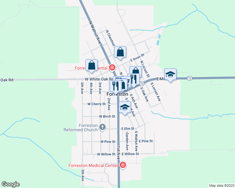 map of restaurants, bars, coffee shops, grocery stores, and more near in Forreston