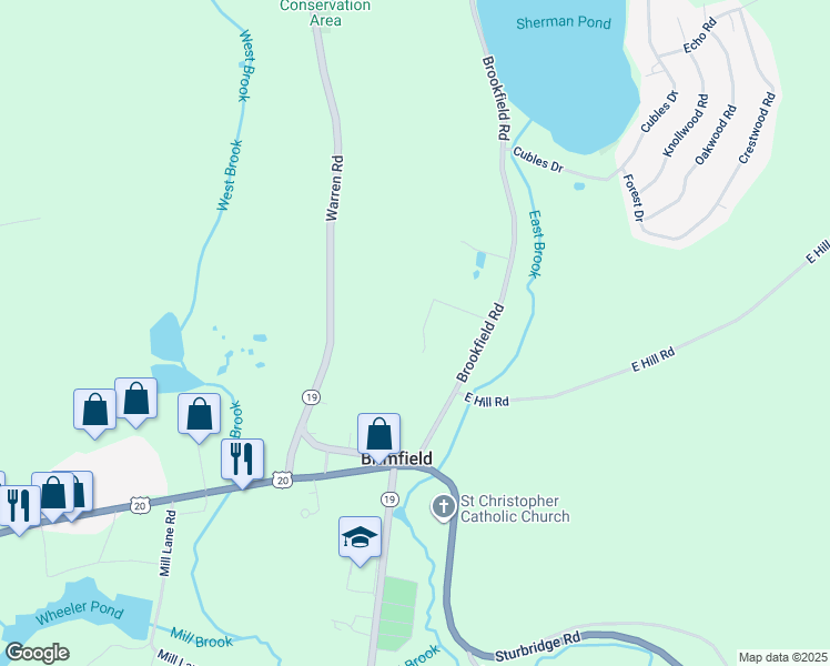 map of restaurants, bars, coffee shops, grocery stores, and more near 10 Hillside Drive in Brimfield