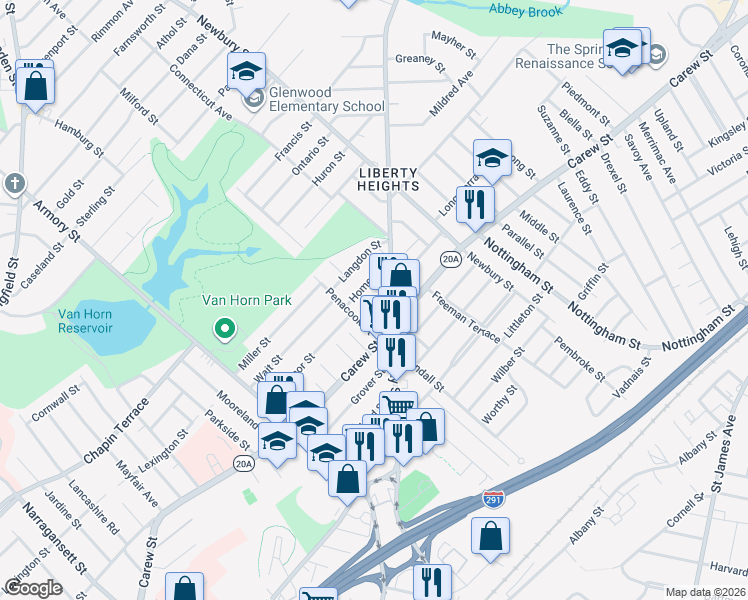 map of restaurants, bars, coffee shops, grocery stores, and more near 30 Woodmont Street in Springfield