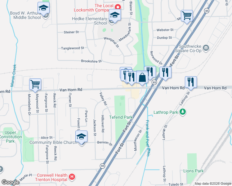 map of restaurants, bars, coffee shops, grocery stores, and more near 3320 Valley Court in Trenton