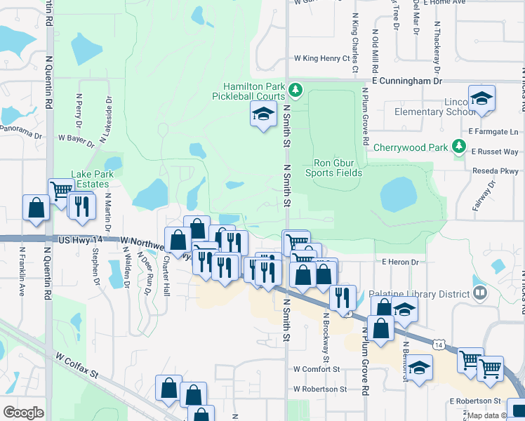 map of restaurants, bars, coffee shops, grocery stores, and more near 249 West Golfview Terrace in Palatine