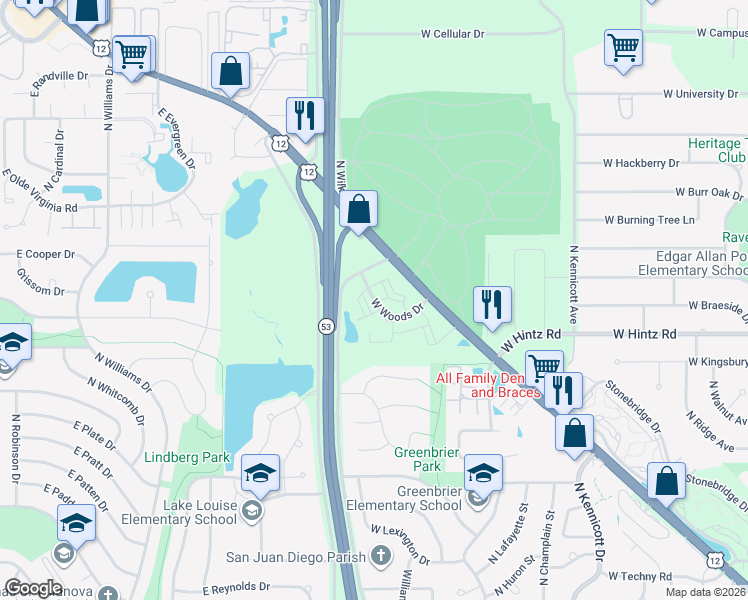 map of restaurants, bars, coffee shops, grocery stores, and more near 1618 West Woods Drive in Arlington Heights