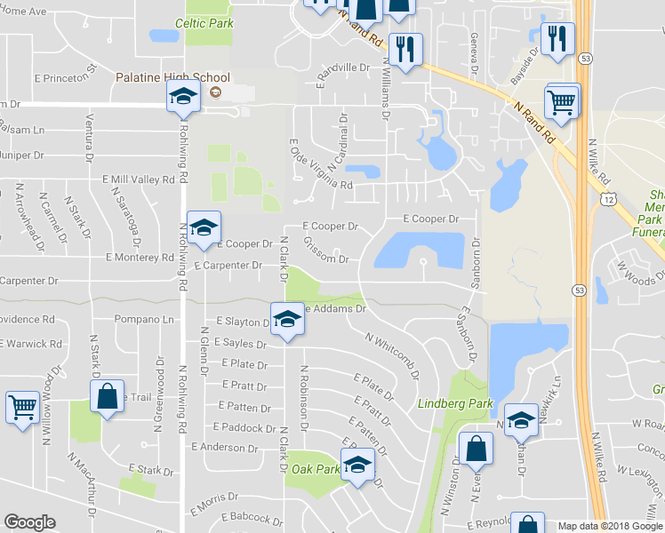 map of restaurants, bars, coffee shops, grocery stores, and more near 1101 Grissom Drive in Palatine