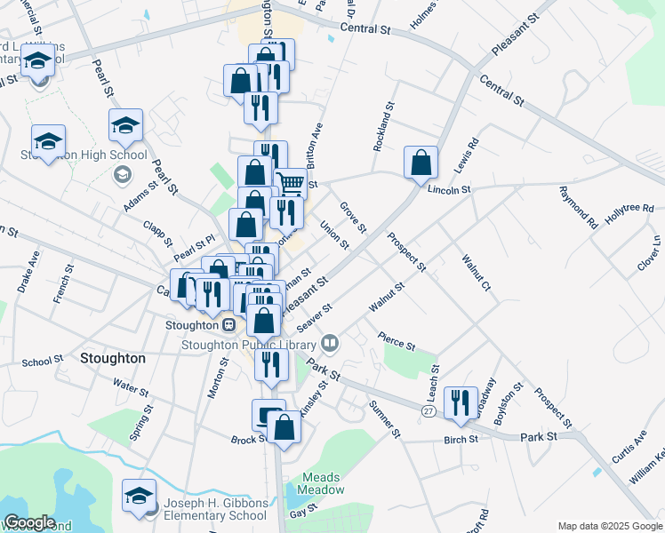 map of restaurants, bars, coffee shops, grocery stores, and more near 102 Pleasant Street in Stoughton