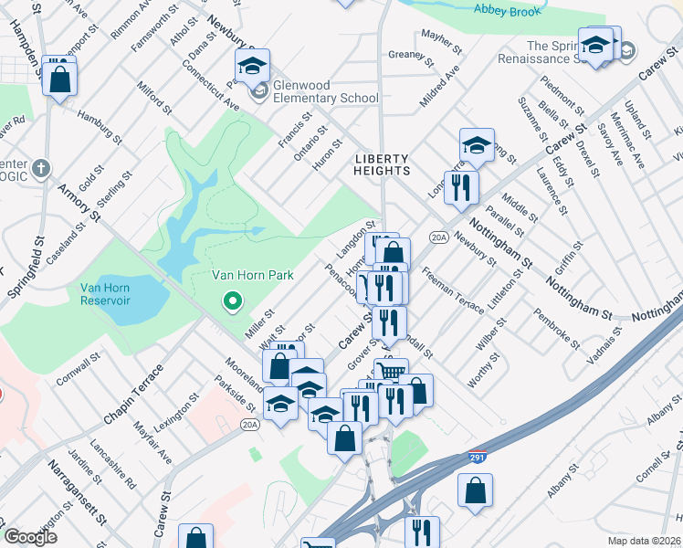 map of restaurants, bars, coffee shops, grocery stores, and more near 4 Home Street in Springfield