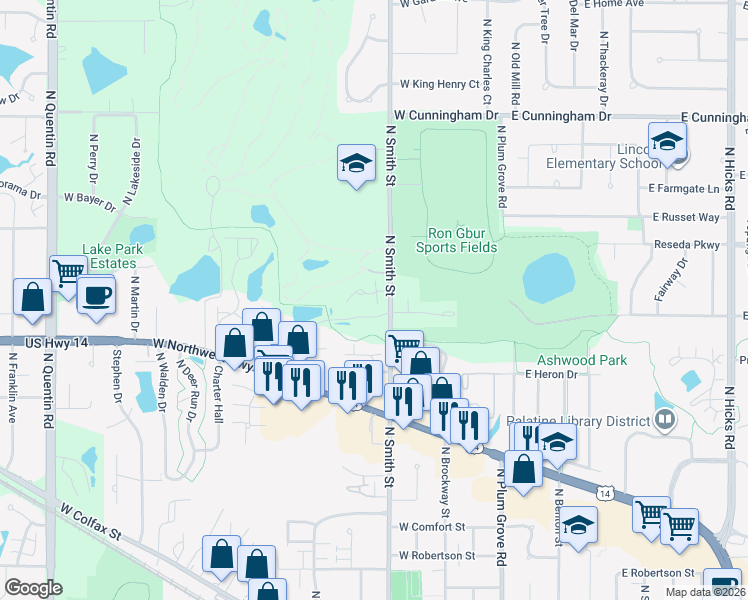 map of restaurants, bars, coffee shops, grocery stores, and more near 190 West Hamilton Drive in Palatine