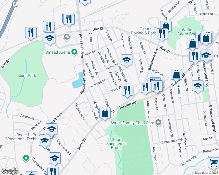 map of restaurants, bars, coffee shops, grocery stores, and more near 84 Leavitt St in Springfield