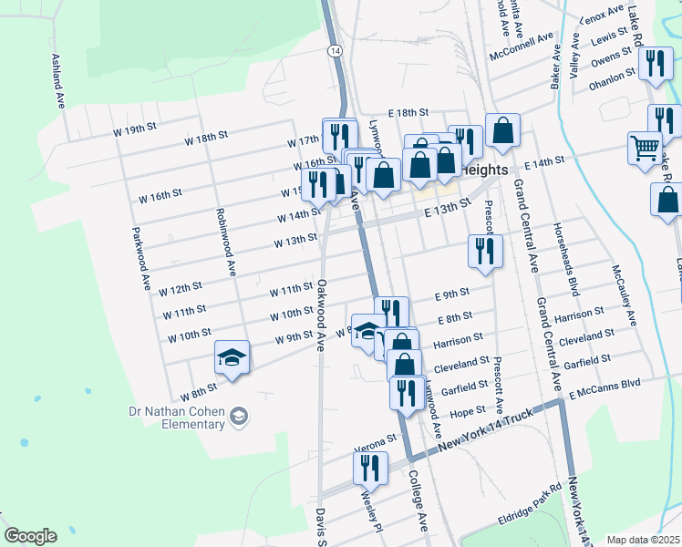map of restaurants, bars, coffee shops, grocery stores, and more near 132 West 11th Street in Elmira
