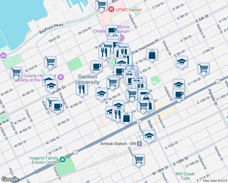 map of restaurants, bars, coffee shops, grocery stores, and more near 126 West 9th Street in Erie