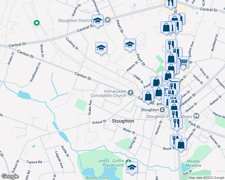 map of restaurants, bars, coffee shops, grocery stores, and more near 178 Canton Street in Stoughton