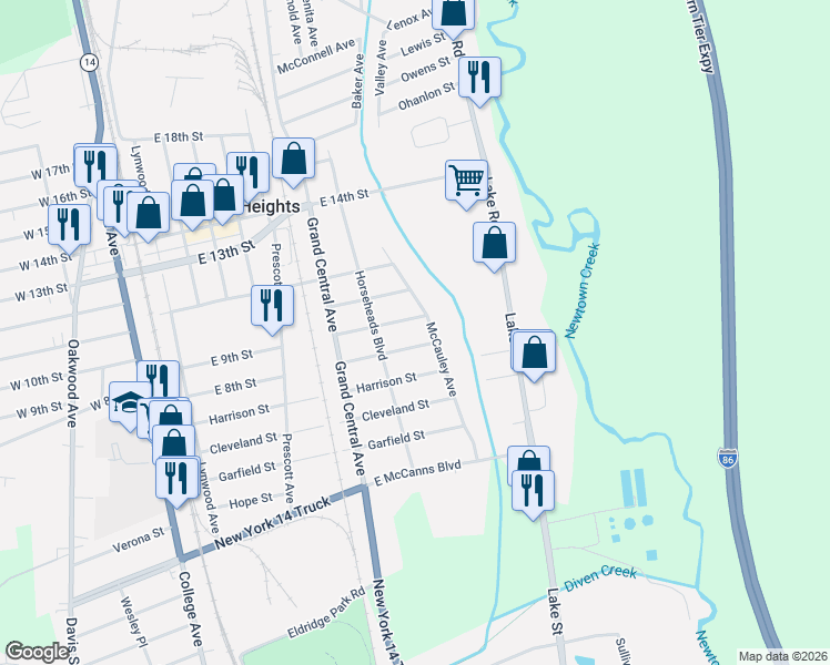 map of restaurants, bars, coffee shops, grocery stores, and more near 406 E 8th St in Elmira Heights