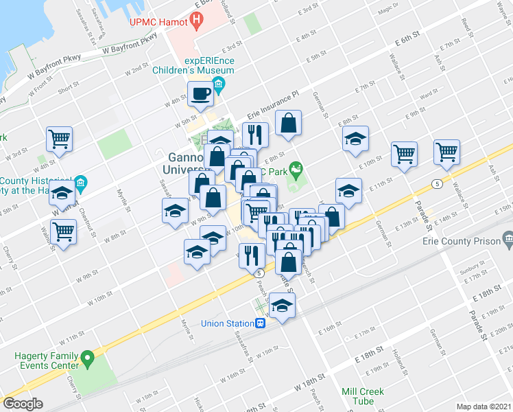 map of restaurants, bars, coffee shops, grocery stores, and more near 913 State Street in Erie