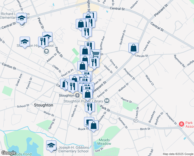 map of restaurants, bars, coffee shops, grocery stores, and more near 66 Freeman Street in Stoughton