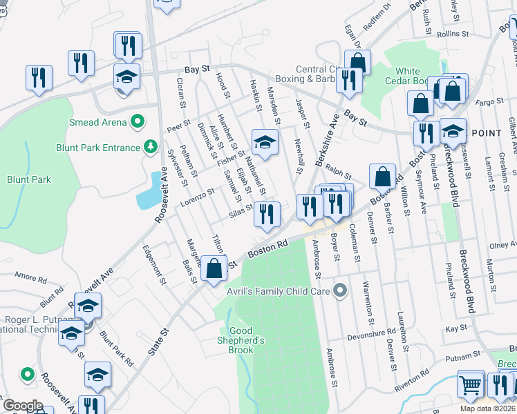 map of restaurants, bars, coffee shops, grocery stores, and more near 69 Silas Street in Springfield