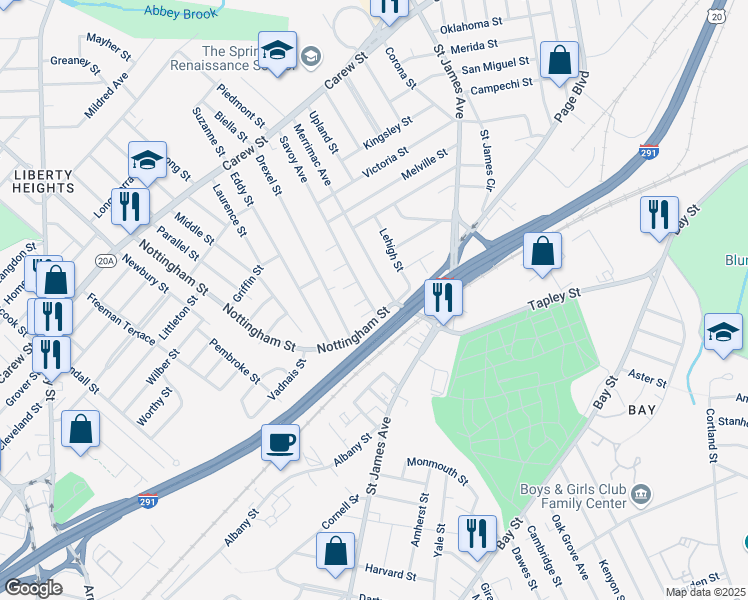 map of restaurants, bars, coffee shops, grocery stores, and more near 23 Savoy Avenue in Springfield