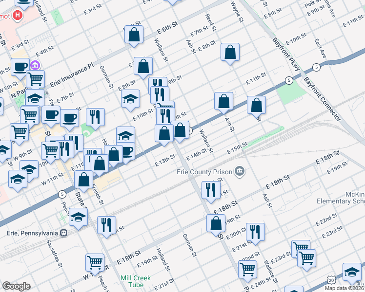 map of restaurants, bars, coffee shops, grocery stores, and more near 409 East 13th Street in Erie