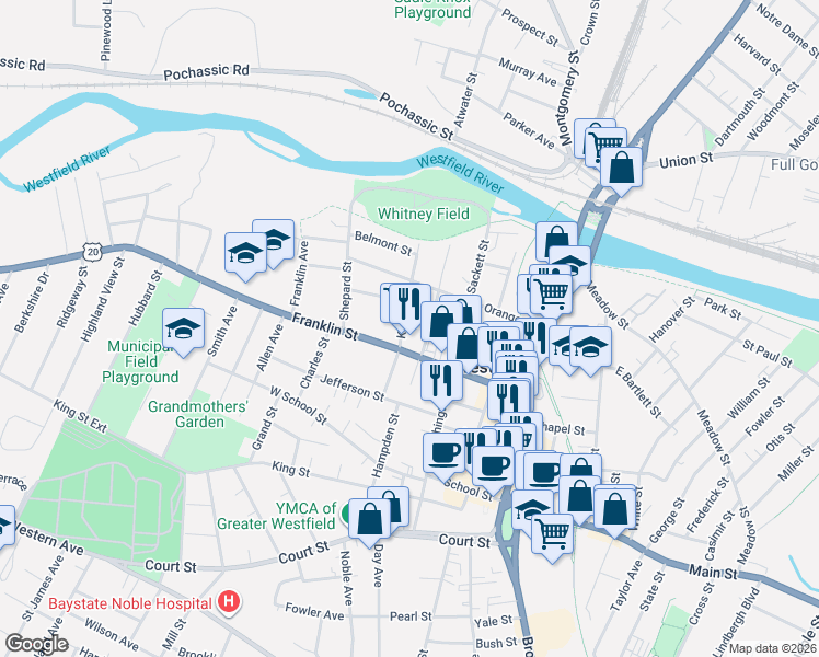 map of restaurants, bars, coffee shops, grocery stores, and more near 71 Franklin Street in Westfield