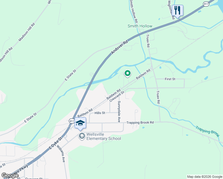 map of restaurants, bars, coffee shops, grocery stores, and more near 3456A Baldwin Road in Wellsville