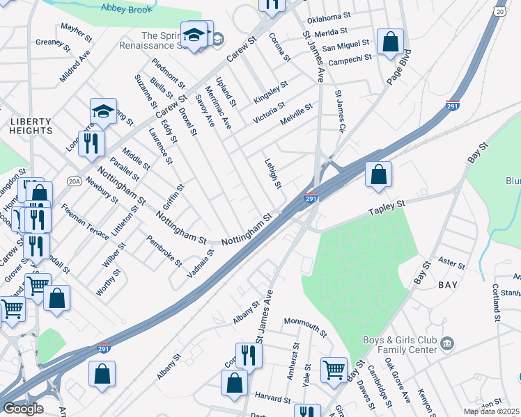 map of restaurants, bars, coffee shops, grocery stores, and more near 23 Savoy Avenue in Springfield