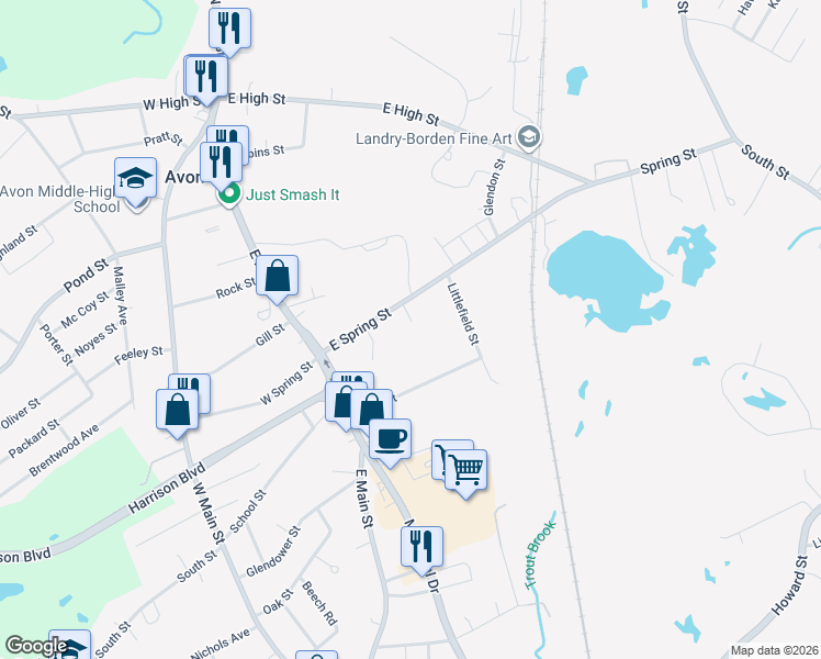 map of restaurants, bars, coffee shops, grocery stores, and more near 5 East Spring Street in Avon