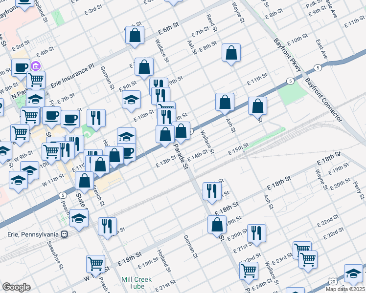 map of restaurants, bars, coffee shops, grocery stores, and more near 409 East 13th Street in Erie