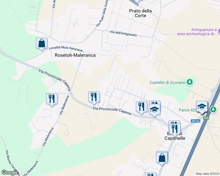 map of restaurants, bars, coffee shops, grocery stores, and more near 51 Via Scoranello in Città Metropolitana di Roma