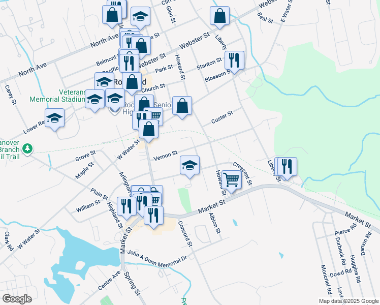 map of restaurants, bars, coffee shops, grocery stores, and more near 97 Vernon Street in Rockland