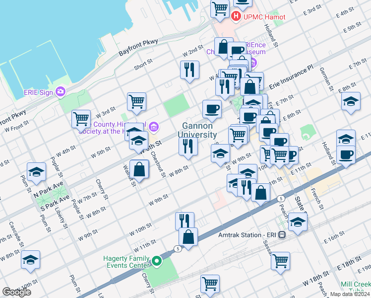 map of restaurants, bars, coffee shops, grocery stores, and more near 299 West 7th Street in Erie