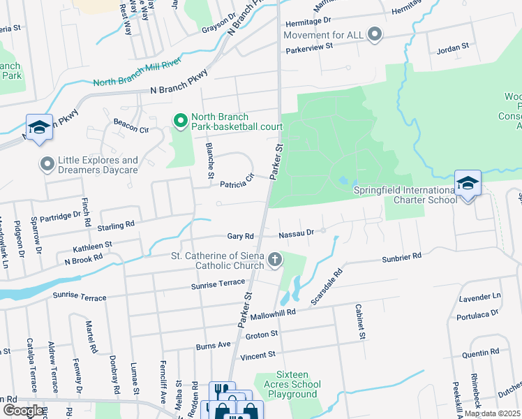 map of restaurants, bars, coffee shops, grocery stores, and more near 916 Parker Street in Springfield