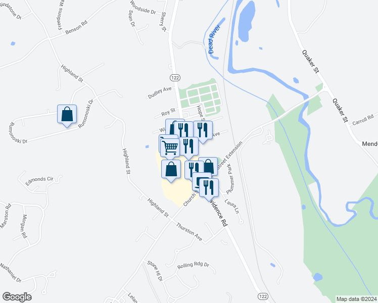 map of restaurants, bars, coffee shops, grocery stores, and more near 1216 Providence Road in Northbridge