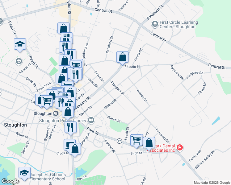 map of restaurants, bars, coffee shops, grocery stores, and more near 60 Chestnut Street in Stoughton