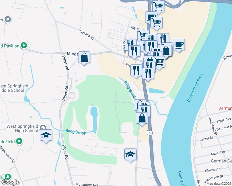 map of restaurants, bars, coffee shops, grocery stores, and more near 25 Windpath East in West Springfield