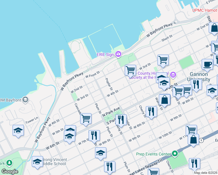 map of restaurants, bars, coffee shops, grocery stores, and more near in Erie