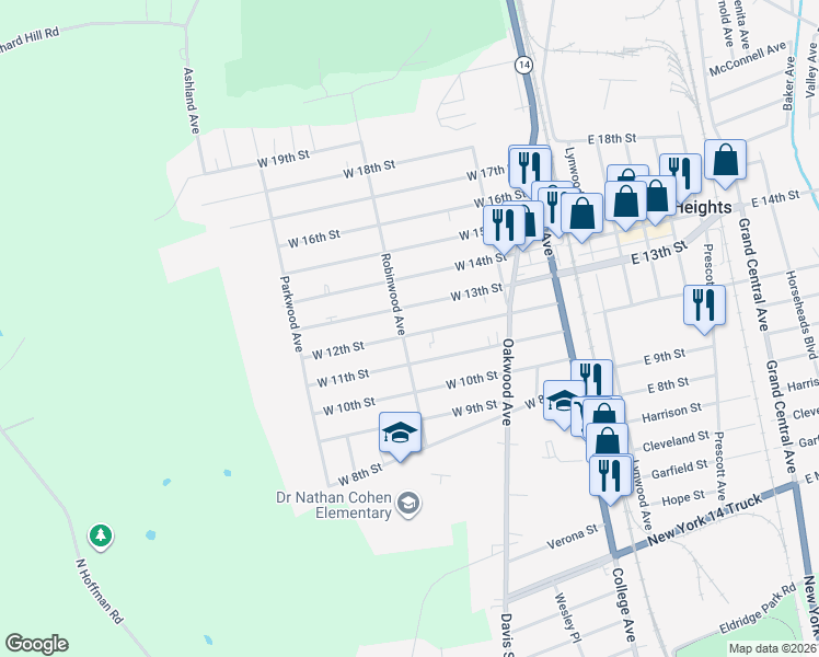 map of restaurants, bars, coffee shops, grocery stores, and more near 236 West 12th Street in Elmira