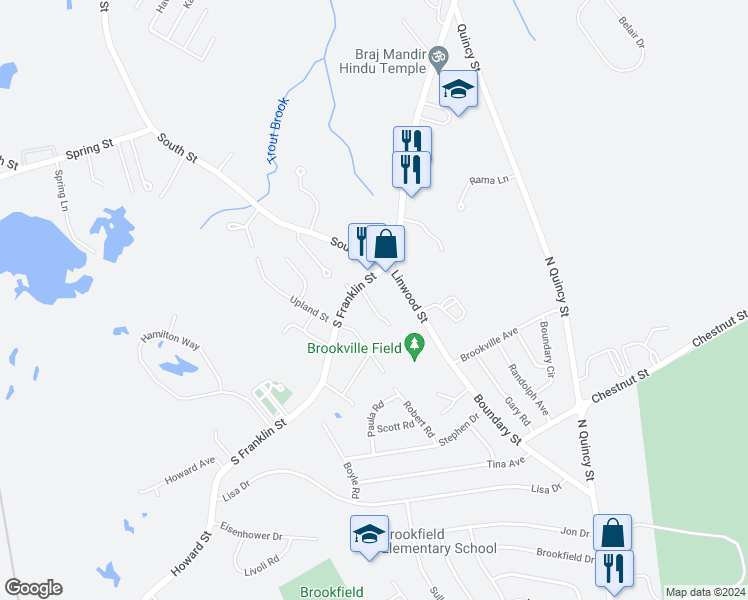 map of restaurants, bars, coffee shops, grocery stores, and more near 22 Francis Street in Holbrook