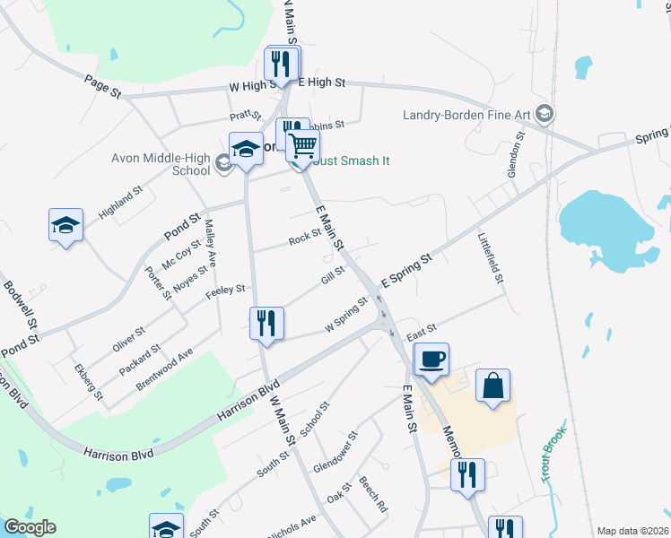 map of restaurants, bars, coffee shops, grocery stores, and more near 173 East Main Street in Avon