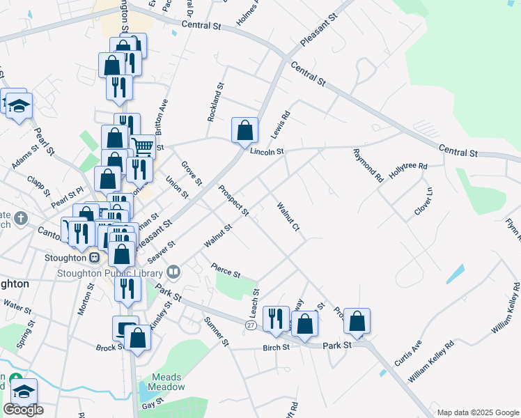 map of restaurants, bars, coffee shops, grocery stores, and more near 80 Prospect Street in Stoughton