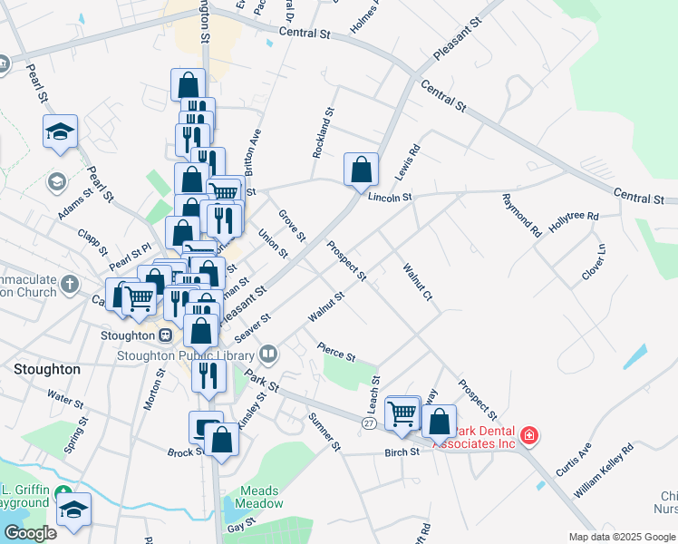 map of restaurants, bars, coffee shops, grocery stores, and more near 60 Chestnut Street in Stoughton