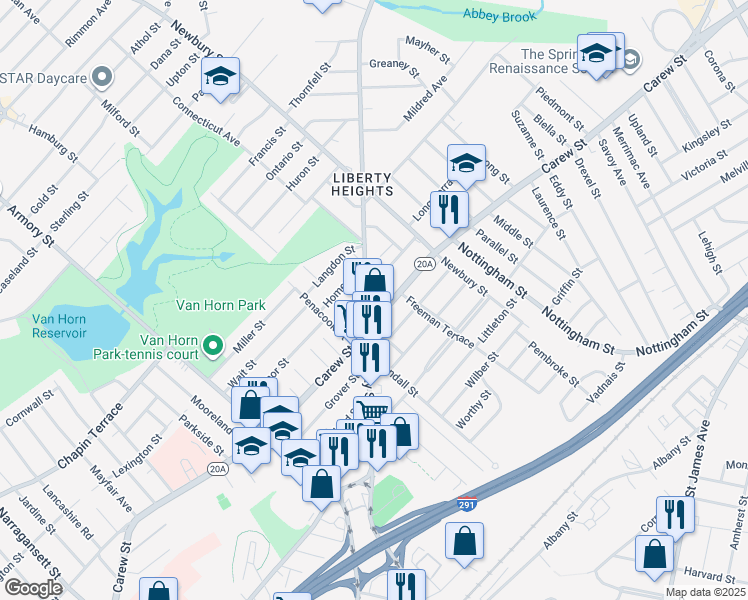 map of restaurants, bars, coffee shops, grocery stores, and more near 807 Carew Street in Springfield