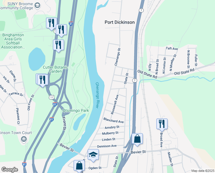 map of restaurants, bars, coffee shops, grocery stores, and more near 6331/2 Chenango St in Binghamton