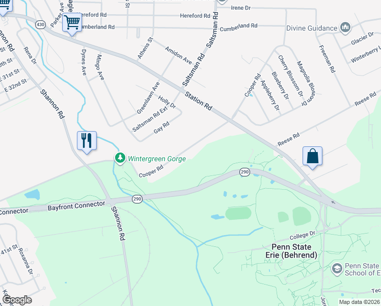 map of restaurants, bars, coffee shops, grocery stores, and more near 4031 Cooper Rd in Erie
