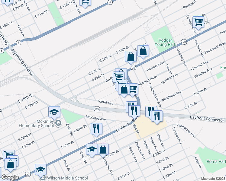 map of restaurants, bars, coffee shops, grocery stores, and more near 1253 East 22nd Street in Erie