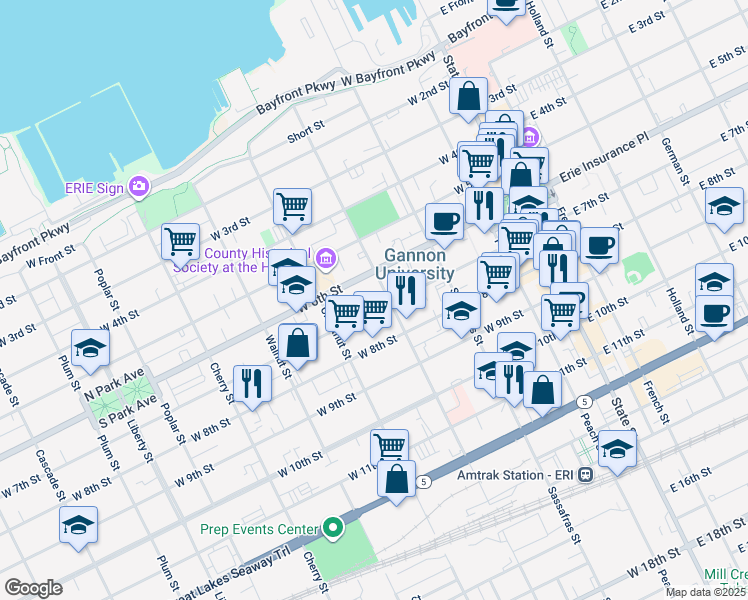 map of restaurants, bars, coffee shops, grocery stores, and more near 309 West 7th Street in Erie