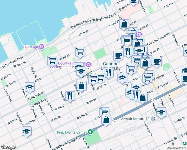 map of restaurants, bars, coffee shops, grocery stores, and more near 340 West 7th Street in Erie