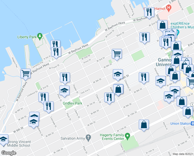 map of restaurants, bars, coffee shops, grocery stores, and more near 548 West 5th Street in Erie