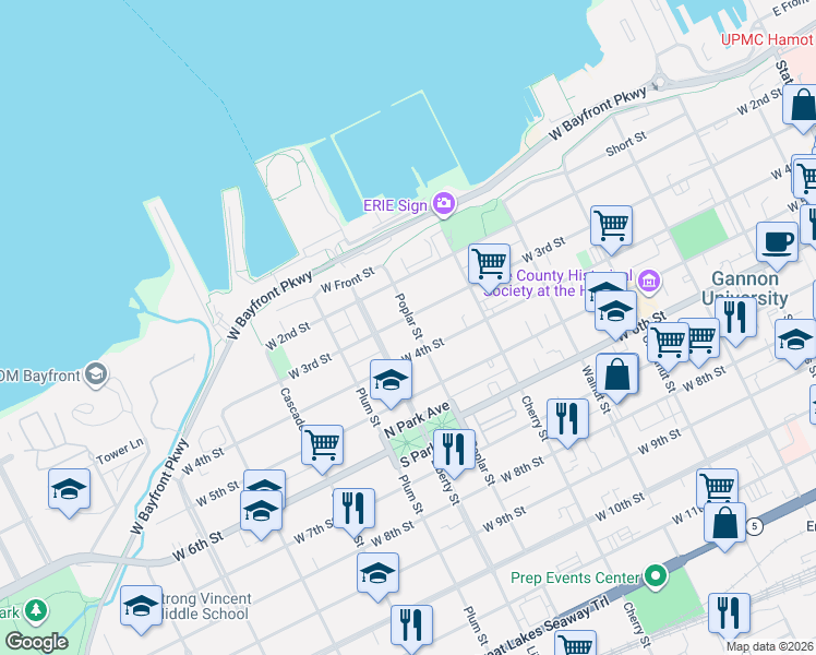 map of restaurants, bars, coffee shops, grocery stores, and more near in Erie