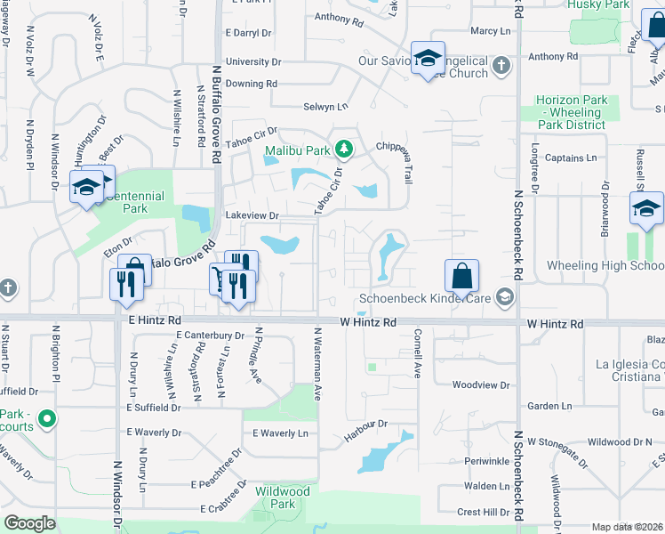 map of restaurants, bars, coffee shops, grocery stores, and more near 1538 Buxton Court in Wheeling