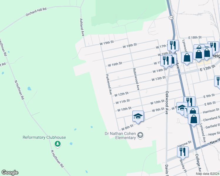 map of restaurants, bars, coffee shops, grocery stores, and more near 220 Parkwood Avenue in Elmira Heights